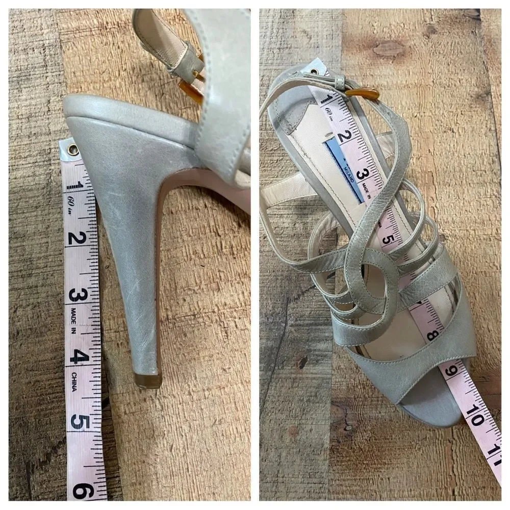 Prada Sandals Beige Gray Leather T-Strap Platform Heel Size 39.5 / US 9